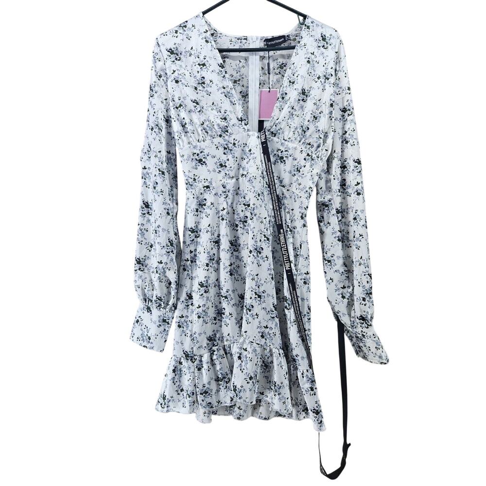 PrettyLittleThing‎ White Ditsy Floral Plunge Frill Hem Dress Size 2
